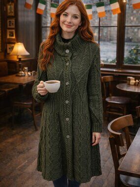 Women's Merino Wool Cable Knit Cardigan Sweater SAOL Ireland sz(L)